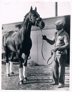 EQUIPOISE at seven in California, where he was training to run in the Santa Anita Handicap. Burdened with 130 lbs., he finished unplaced and was retired to stud shortly thereafter.