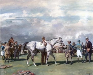 Alfred James Munnings gorgeous painting, "SADDLING MAHMOUD FOR THE DERBY," was turned into a British stamp in 1936 after the colt's Derby win.